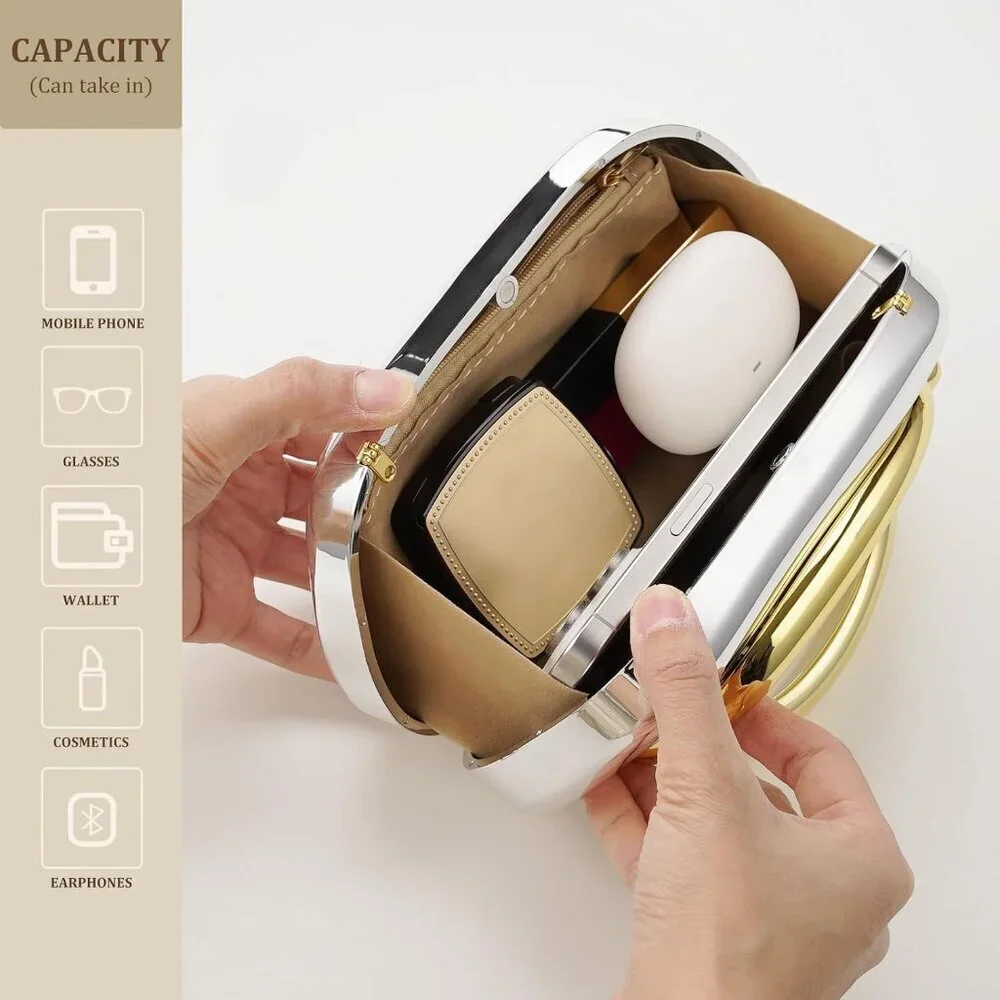 Women's Silver Acrylic Zipper Magnetic Closure Shoulder Wedding Crossbody Clutch